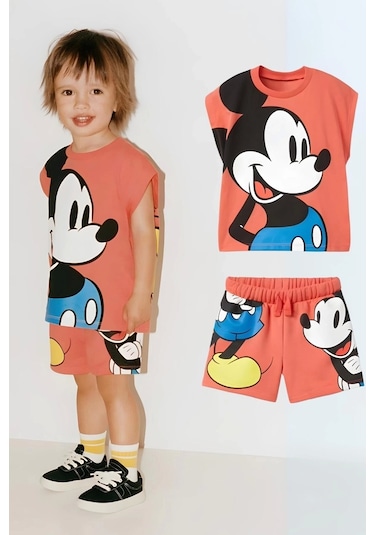 Unisex Çocuk Mickey Mouse Baskılı Pamuklu Bisiklet Yaka T- Shirt Ve Şort Alt Üst Takım Somon