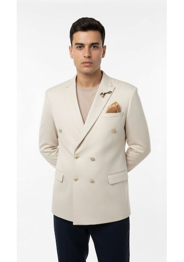Erkek Suet Blazer Ceket Şık Düğmeli Takım Elbise Üstü Slim Fit Model Krem