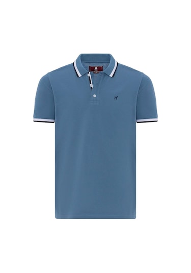 Javeir Erkek Regular Fit Çizgi Detaylı Polo Yaka T-shirt Koyu Denim Mavi