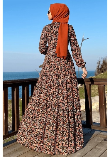 Güzide Yaprak Desenli Elbise Turuncu