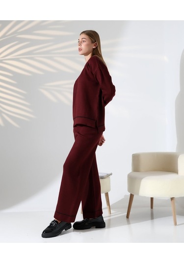 Kontrast Dikişli Kadın Triko Takım Bordo