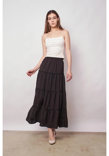 Kadın İç Göstermez Midi Boy Fırfırlı Beli Lastikli Etek -siyah Siyah