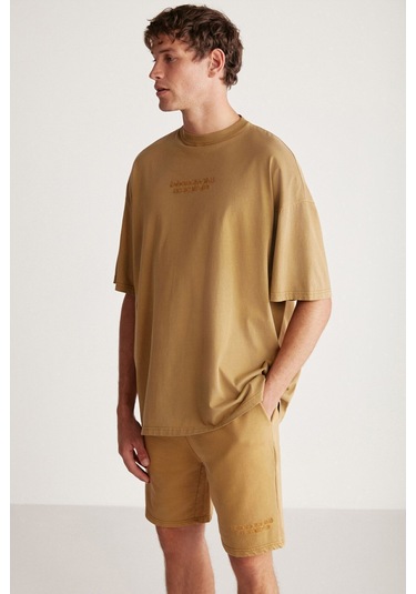 GRIMELANGE Jeffrey Erkek 2 Li Set Oversize Soluk Efektli Nakışlı Haki Alt-üst Takım Haki