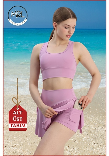Kadın Alt-üst Takım Şort & Sabit Pedli Üst Crop Denizde Havuzda Sporda Swimsuit Lila Rengi Takım3107 Lila