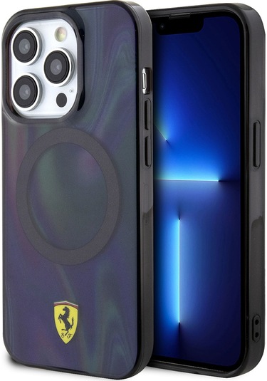 İphone Uyumlu 15 Pro Kılıf Ferrari Lisanslı Magsafe Uyumlu Transparan Renk Geçişli Iridescent Kapak Siyah