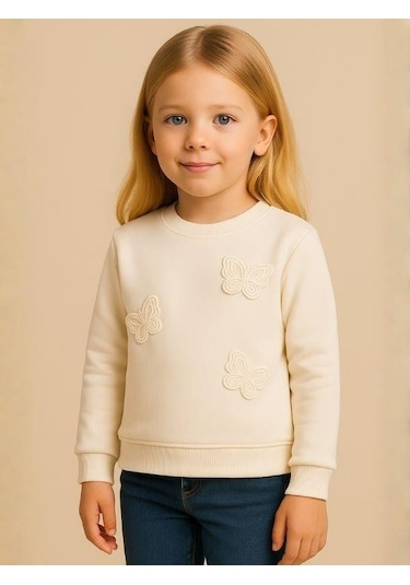 Kız Çocuk Kelebek Desenli Sweatshirt-16229 Beyaz