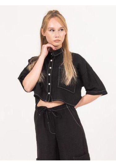 Kız Çocuk Gömlek Ceketli Bol Paça Pantolonlu Takım-13850 Siyah