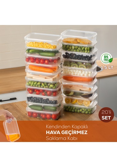 Porsima 4363-20 Kendinden Kapaklı Derin Dondurucuya Uygun 1,5 Lt 20 Adet Saklama Kabı Hava Almaz Düzenleyici Şeffaf