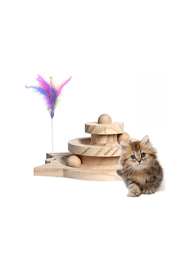 Ahşap Kedi Oyuncağı 3 Katlı Toplu Zeka Oyuncağı & Tüylü Olta Seti