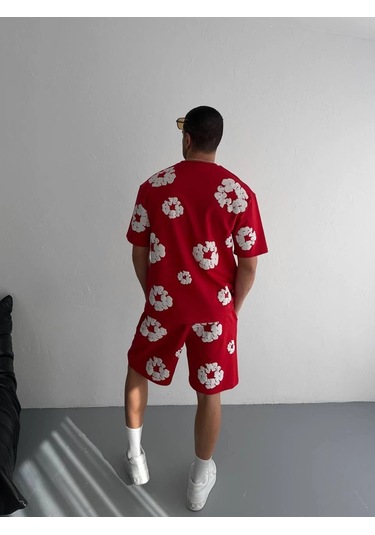İki İplik Kumaş Baskılı T-shirt Şortlu Takım- Kırmızı Çok Renkli