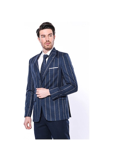 Wessi Çizgili Açık Slim Fit Lacivert Erkek Ceket Siyah