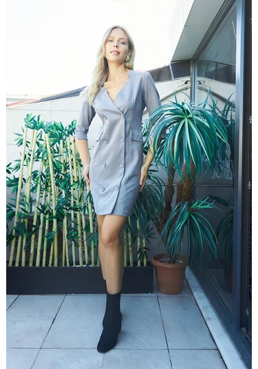 Kadın Kadife Likralı Yumuşak Dokulu Kruvaze Kapri Truvakar Kol Kolu Yırtmaçlı Ofis Ceket Elbise-gri Gri