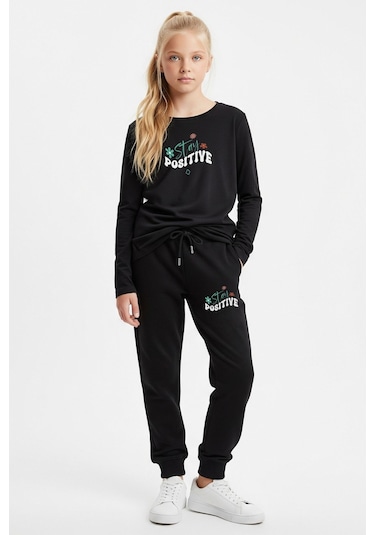 Yuvarlak Yaka Stay Posıtıve Baskılı Kız Çocuk Alt-üst Takım Siyah