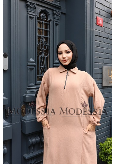 Kadın Bej Aerobin Uzun Önü Yarım Fermuarlı İkili Takım T1223 Bej