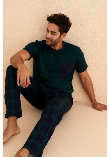 Kutulu- Premium Pamuklu Kısa Kollu Erkek Pijama Takımı- Ekose Babalar Günü Hediyesi Yesil
