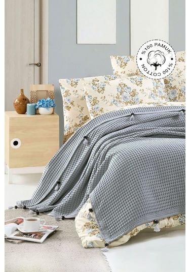 Vionel Home Pamuklu Waffle Desen Ponponlu Çift Kişilik Pike Gri