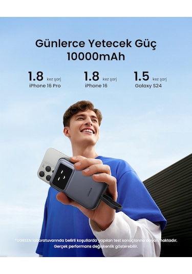 Ugreen Uno Dahili Kablolu 10.000 Mah 30w Hızlı Şarj Powerbank, Siyah, 35603b Gri