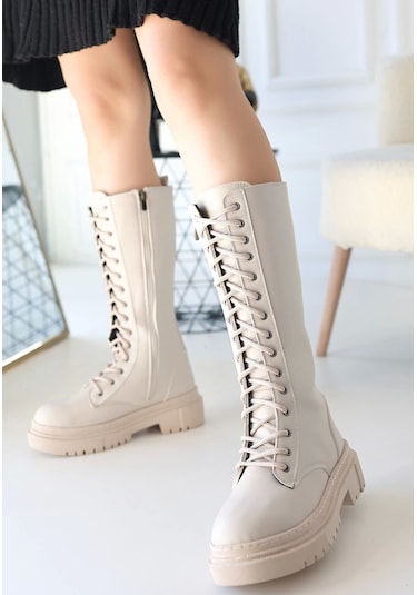 Mennd Bej Cilt Bağcıklı Kadın Çizme Bej