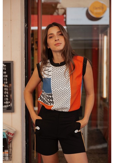 Kadın Desenli Blok Renkli Kolsuz Bluz Frn1108 Mavi