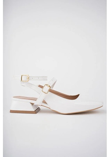 Beyaz Pine Cone Kapalı Küt Burun Topuklu Kadın Ayakkabı Beyaz Beyaz