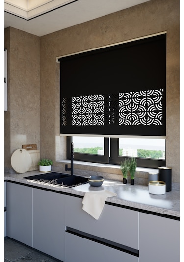 Lazer Kesim Mat Stor Perde, Lazer Kesimli Modern Serisi, M-171008 Siyah Renk Siyah