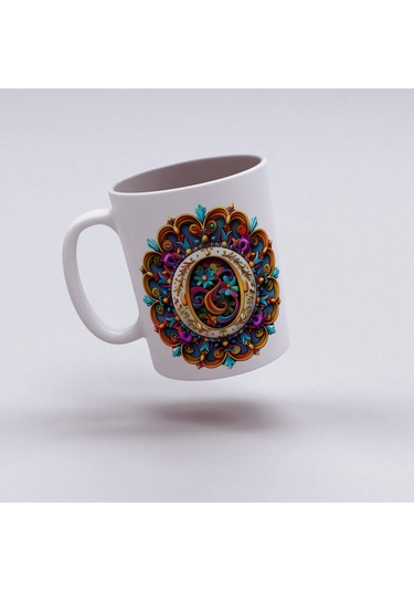 O Harfi Boho Bardak, Renkli Özel Tasarım Hediyelik Harfli Kupa, 330ml Porselen Beyaz