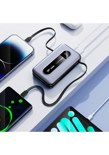 Lenyes Px1002d Dijital Göstergeli Teleskopik Type-c Ve Lightning Kablolu Powerbank 35w 10.000mah Gri
