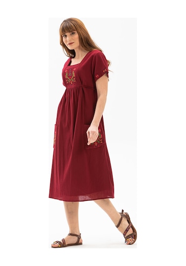 Kısa Kol Şile Bezi Melek Midi Boy Elbise Bordo Brd