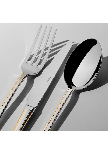 Nehir Fulya Altın Sade 12 Kişilik 84 Parça Deri Kutulu Çatal Kaşık Bıçak Takımı Altın