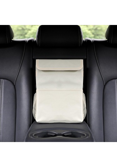 Bej Araba Çöp Kutusu 20x15x25 Cm Kapaklı Sızdırmaz Araba Çöp Kutusu 3 Saklama Cebi Askılı Su Geçirmez Araba Çöp Torbası Suv İçin