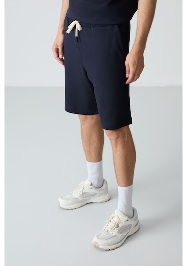 Lacivert Pamuklu Kalın Yumuşak Dokulu Comfort Fit Basic Erkek Şort Takım - 85257