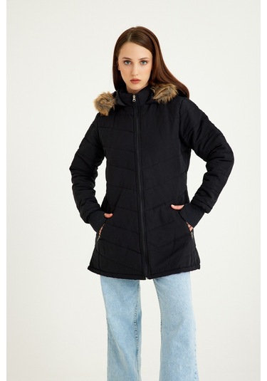 Barbora Kışlık Eldivenli Kapüşonlu Kürklü Kadın Şişme Mont Bt121siyah5 001