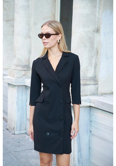Sırt Dekolteli Anvelop Ceket Elbise Siyah