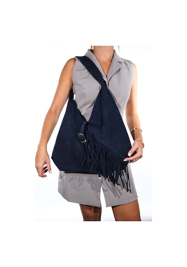 Rosalın Lacivert Hakiki Deri Süet Kadın Omuz Çantası Lacivert