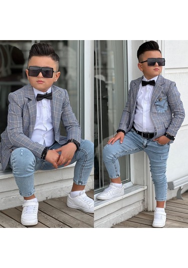 Uğurböceğiçocuk Ekose Denim Detaylı 5'parça Erkek Çocuk Takım 001