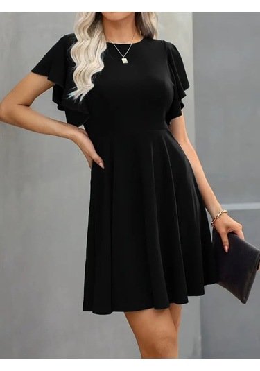 Kadın Kısa Kelebek Kollu Bisiklet Yaka Janjan Krep Elbise Çok renkli