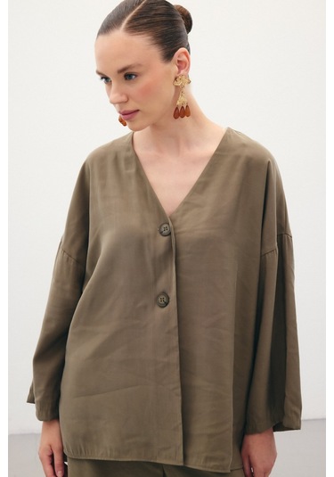 Sateen Düğmeli Kimono - Haki-136357 Haki