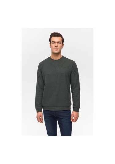 Haki Regular Düz Bisiklet Yaka Sweatshirt Haki