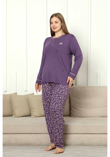 Kadın Mor Çiçek Desen Bisiklet Yaka 3 Düğmeli Yırtmaç Detay Büyük Beden Viskon Uzun Kol Pijama Mor