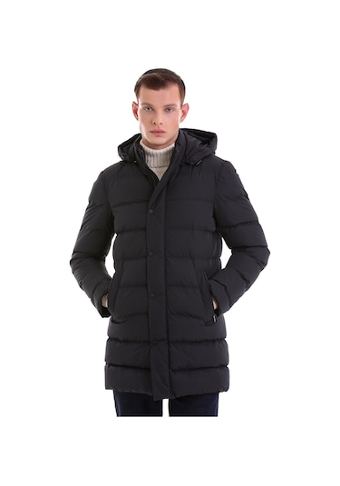 Hatemoğlu Lacivert Slim Fit Hakim Yaka Kapüşonlu Basic Kaban 22232023A008 Lacivert