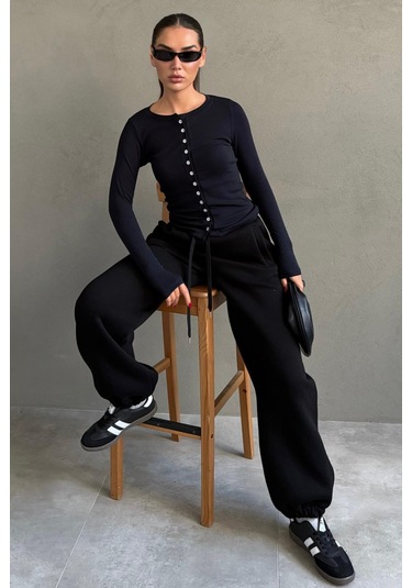 Siyah Geniş Paça Rahat Kalıp Lastikli Eşofman Altı Mg2581 SiYAH