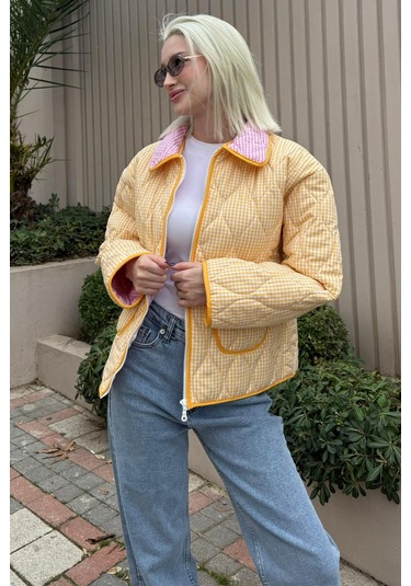 Sarı Pötikareli Cepli Kadın Mont Mg2488 Sarı