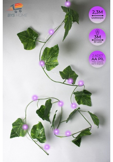 Dekoratif Yeşil Yapraklı 230 Cm Yapay Sarmaşık Ve 300 Cm Peri Led Pembe Renk - Mor Mor