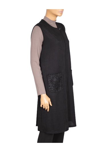 Hesna Kadın Naz Şönil Cep Kombinli Siyah Yelek Siyah