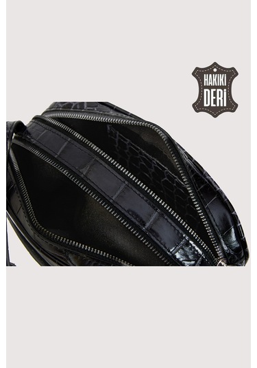 Hakiki Deri Kadın Çapraz Omuz Çantası Siyah Kroko Smr8975 Siyah Kroko