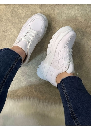 Günlük Kadın Sneaker Kalın Yüksek Taban Bağcıklı Rahat Tiger Şeritli Spor Ayakkabı 032 01 - Beyaz