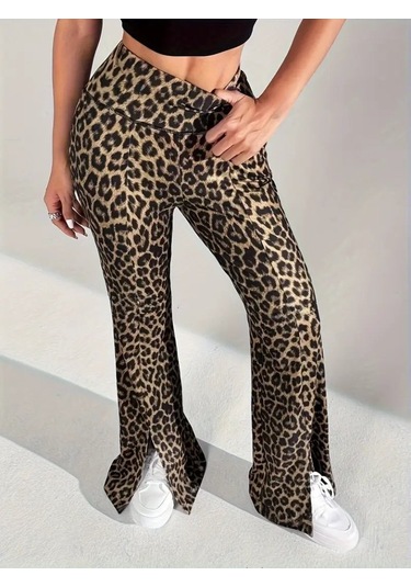 Kadın Yüksek Bel Leopar Desenli Yırtmaçlı Dalgıç Tayt Leopar
