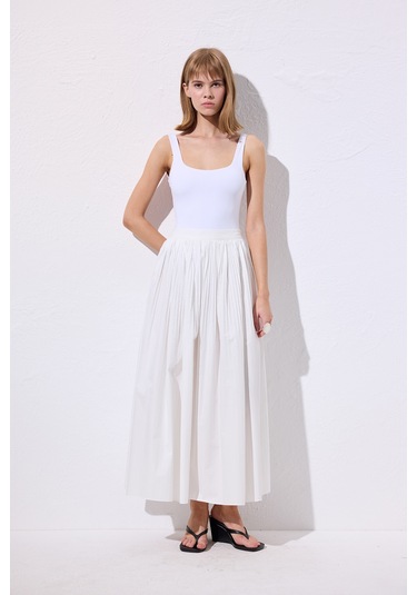 Piliseli Geniş Etek Ekru Ekru