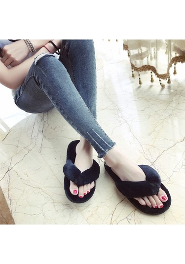 Reedark 2024 Kadın Ev Terliği - Yumuşak Tavşan Tüyü, Kaymaz Tabanlı Siyah Sıcak Ayakkabı Siyah