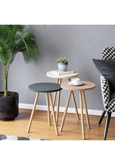 İntergo Renkli Üçlü Zigon Sehpa Ahşap Ayaklı Yuvarlak Pastel Tasarım Cappuccino-Gri-Krem